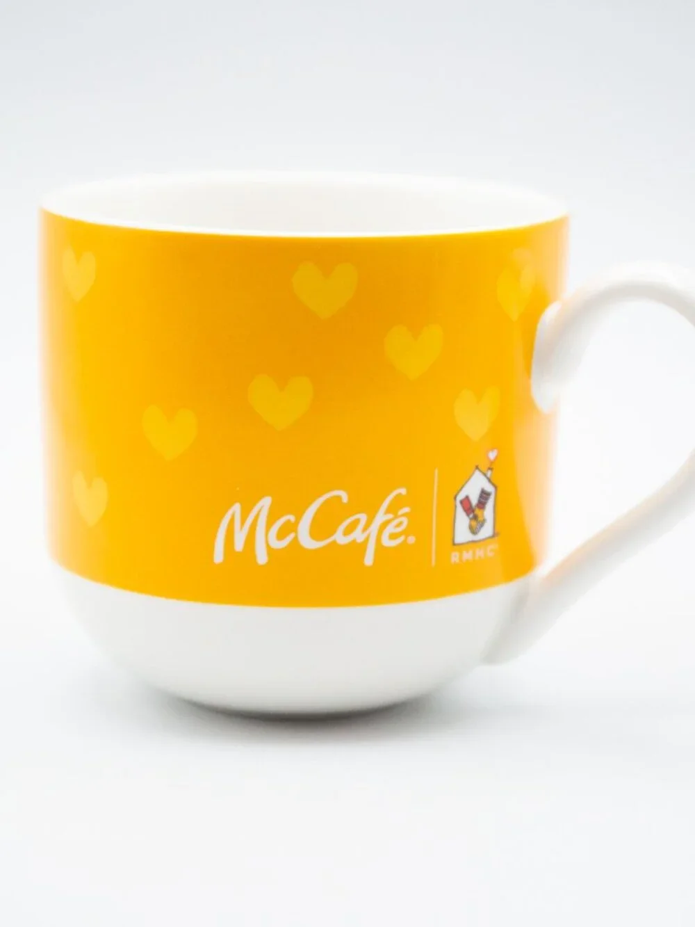 NEW - McDonald's McCafe BLUE GOLD BROWN Wide Coffee Tea Mug Cup With Hearts Logo